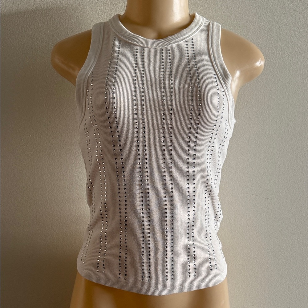 Zara White Rhinestone Ribbed Tank Top - Picture 2 of 9